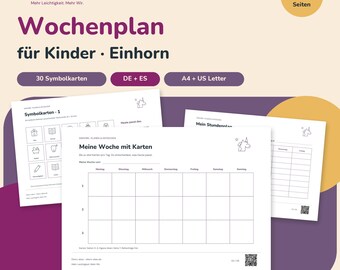 Agenda settimanale a tema unicorno per bambini in formato PDF – 30 carte con simboli, orario e calendario delle festività stampabili | Tedesco + Spagnolo | Formato A4 e Letter