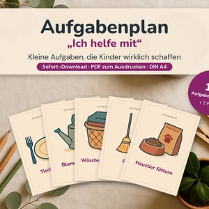 May include: A set of printable task cards titled Aufgabenplan Ich helfe mit, featuring illustrations of household chores like setting the table, watering plants, laundry, sweeping, and feeding pets, with a purple circular badge indicating 14 cards.
