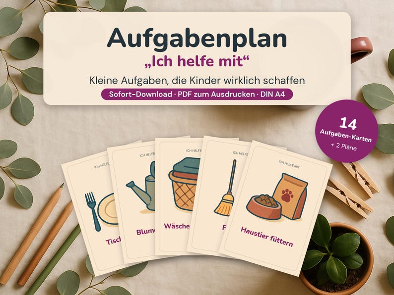 May include: A set of printable task cards titled Aufgabenplan Ich helfe mit, featuring illustrations of household chores like setting the table, watering plants, laundry, sweeping, and feeding pets, with a purple circular badge indicating 14 cards.