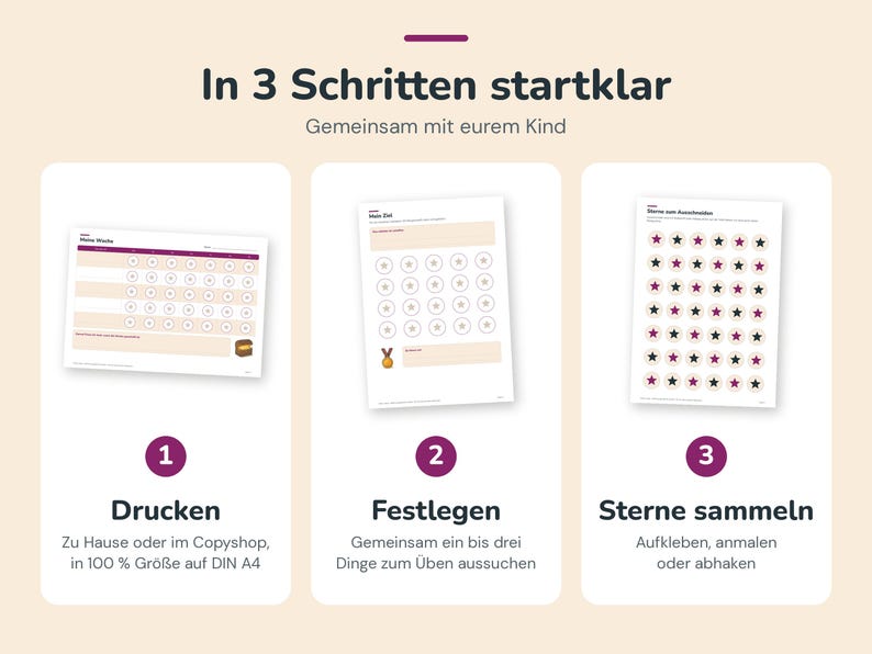 Puede incluir: Un gr&aacute;fico instructivo de tres pasos con el texto In 3 Schritten startklar. Muestra tres hojas imprimibles: un rastreador semanal, una hoja de objetivos con un icono de medalla y una p&aacute;gina de pegatinas de estrellas.