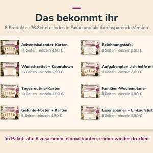 May include: A digital product overview titled Das bekommt ihr, listing eight printable sets including Adventskalender-Karten, Belohnungstafel, Wunschzettel + Countdown, Aufgabenplan, Tagesroutine-Karten, Familien-Wochenplaner, Gef&uuml;hle-Poster + Karten, and Essensplaner + Einkaufsliste, totalling 76 pages in colour and ink-saving versions.