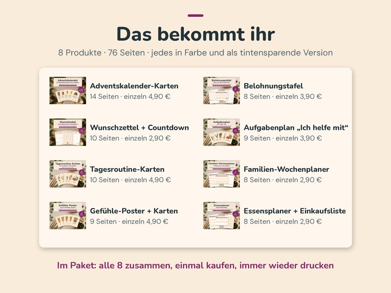 May include: A digital product overview titled Das bekommt ihr, listing eight printable sets including Adventskalender-Karten, Belohnungstafel, Wunschzettel + Countdown, Aufgabenplan, Tagesroutine-Karten, Familien-Wochenplaner, Gef&uuml;hle-Poster + Karten, and Essensplaner + Einkaufsliste, totalling 76 pages in colour and ink-saving versions.