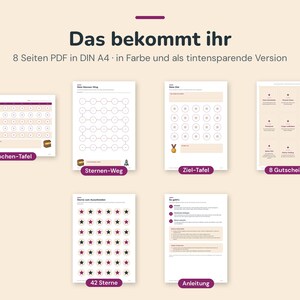 Puede incluir: Un conjunto de 8 p&aacute;ginas PDF imprimibles en formato A4 que incluye una tabla semanal, un camino de estrellas, una tabla de objetivos, 8 vales, 42 estrellas y una hoja de instrucciones con fondo beige y texto morado.