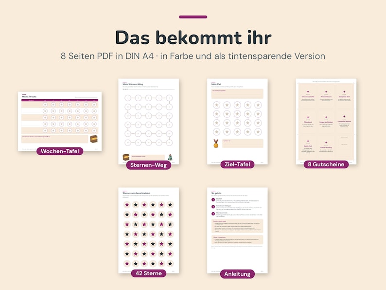 Puede incluir: Un conjunto de 8 p&aacute;ginas PDF imprimibles en formato A4 que incluye una tabla semanal, un camino de estrellas, una tabla de objetivos, 8 vales, 42 estrellas y una hoja de instrucciones con fondo beige y texto morado.