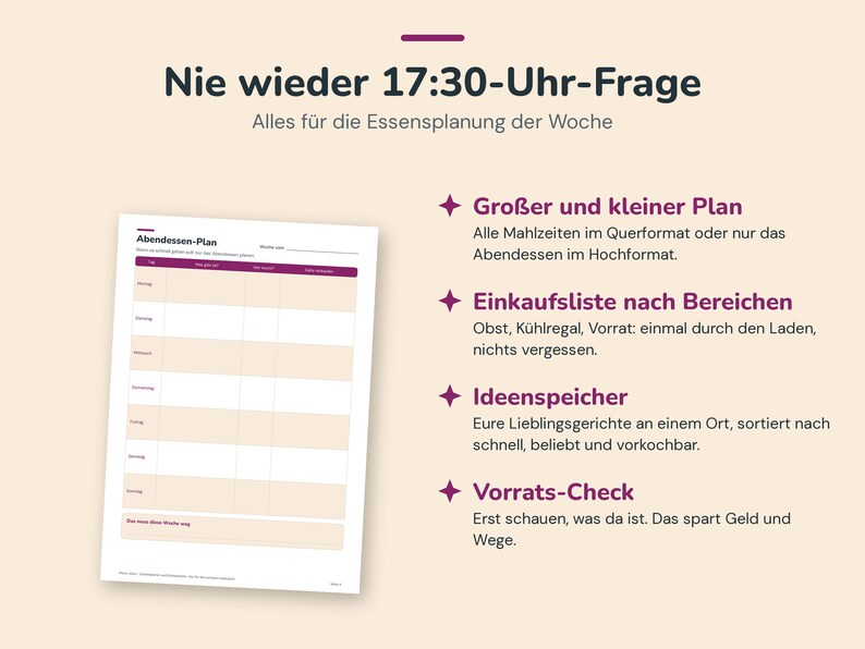 May include: A meal planning template featuring the German text Nie wieder 17:30-Uhr-Frage and Abendessen-Plan. The document includes a weekly grid for dinner scheduling, alongside bulleted sections for grocery lists, meal ideas, and pantry inventory.