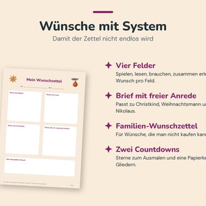 May include: A beige wish list template titled Mein Wunschzettel with four blank boxes for items to play, read, need, and experience together, plus a bottom box for a main wish, featuring star and ornament graphics and German text descriptions.