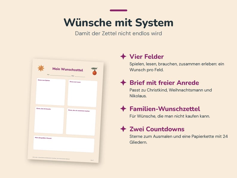 May include: A beige wish list template titled Mein Wunschzettel with four blank boxes for items to play, read, need, and experience together, plus a bottom box for a main wish, featuring star and ornament graphics and German text descriptions.