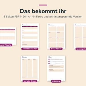 May include: A set of 8 A4 PDF pages in colour and ink-saving versions, featuring meal planners, grocery lists, inventory checks, and instruction sheets with the text Das bekommt ihr, Essensplan Woche, Abendessen-Plan, Einkaufsliste, Ideenspeicher, Vorrats-Check, and Anleitung.