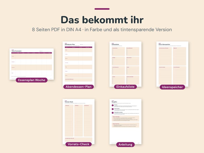 May include: A set of 8 A4 PDF pages in colour and ink-saving versions, featuring meal planners, grocery lists, inventory checks, and instruction sheets with the text Das bekommt ihr, Essensplan Woche, Abendessen-Plan, Einkaufsliste, Ideenspeicher, Vorrats-Check, and Anleitung.