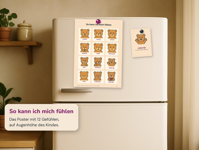 May include: A rectangular poster titled So kann ich mich f&uuml;hlen featuring twelve illustrated brown bears displaying various emotions with German text labels, attached to a refrigerator with a purple magnet alongside a smaller matching card.