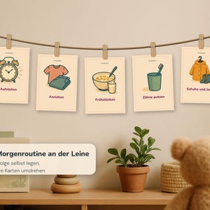 May include: Five rectangular cards hanging from a brown string with wooden clips. Each card features a colourful illustration and German text depicting a morning routine: Aufstehen, Anziehen, Fr&uuml;hst&uuml;cken, Z&auml;hne putzen, and Schuhe und Jacke.