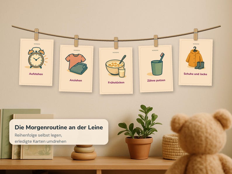 May include: Five rectangular cards hanging from a brown string with wooden clips. Each card features a colourful illustration and German text depicting a morning routine: Aufstehen, Anziehen, Fr&uuml;hst&uuml;cken, Z&auml;hne putzen, and Schuhe und Jacke.