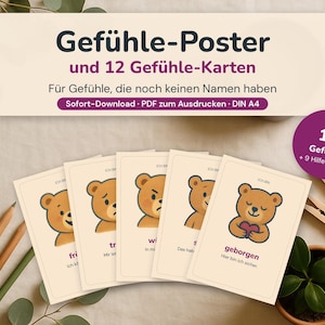 May include: A set of printable cards featuring illustrations of a brown bear expressing various emotions, with German text labels. The cards are displayed in a fan shape, accompanied by a header sign that reads Gef&uuml;hle-Poster und 12 Gef&uuml;hle-Karten.