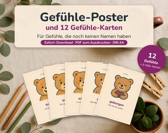 Puede incluir: Un conjunto de tarjetas educativas con ilustraciones de un oso pardo expresando varias emociones, con el texto en alemán Gefühle-Poster und 12 Gefühle-Karten. Las tarjetas muestran frases como Ich bin geborgen y Hier bin ich sicher, junto a un círculo morado que indica 12 Gefühle + 9 Hilfe-Karten.