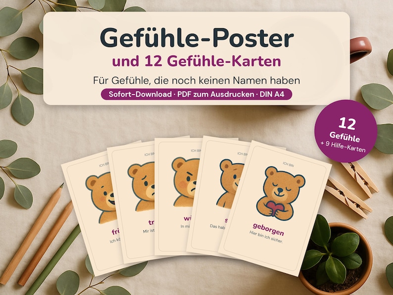 May include: A set of printable cards featuring illustrations of a brown bear expressing various emotions, with German text labels. The cards are displayed in a fan shape, accompanied by a header sign that reads Gef&uuml;hle-Poster und 12 Gef&uuml;hle-Karten.