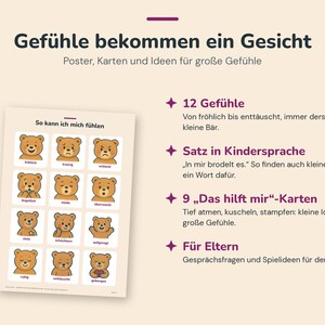 May include: A poster titled 'Gef&uuml;hle bekommen ein Gesicht' featuring twelve illustrations of a brown bear expressing different emotions, with German text labels for each. The layout includes sections for 12 feelings, phrases in child-friendly language, 9 coping cards, and parent resources.