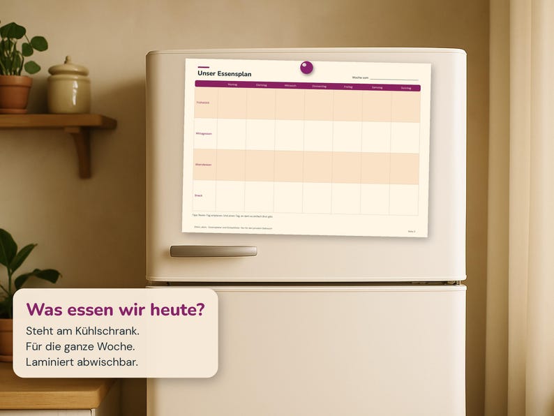 May include: A weekly meal planner chart titled Unser Essensplan with a purple header and grid layout for seven days, featuring rows for breakfast, lunch, dinner, and snacks, attached to a refrigerator with a purple circular magnet at the top.