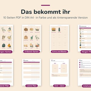 May include: A digital printable set of 10 A4 PDF pages featuring routine charts and cards. The collection includes morning and evening task cards with illustrations, daily checklists, a blank planner, an 'erst-dann' board, and instruction sheets.