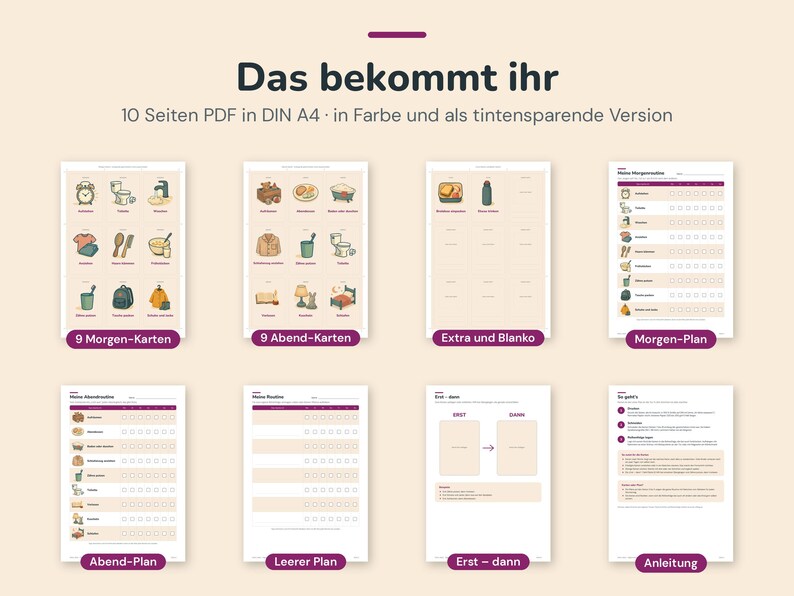 May include: A digital printable set of 10 A4 PDF pages featuring routine charts and cards. The collection includes morning and evening task cards with illustrations, daily checklists, a blank planner, an 'erst-dann' board, and instruction sheets.