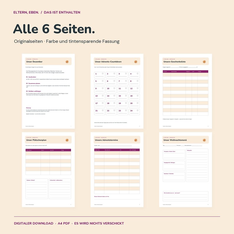 Weihnachtsplaner Familie zum Ausdrucken | Advent Countdown, Geschenkeliste, Plätzchenplan, Termine und Menü | A4 PDF Bild 2