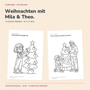 Disegni di Natale da colorare per bambini | 12 pagine da colorare con Mila e Theo | Biscotti, albero, neve e regali | PDF in formato A4 immagine 1