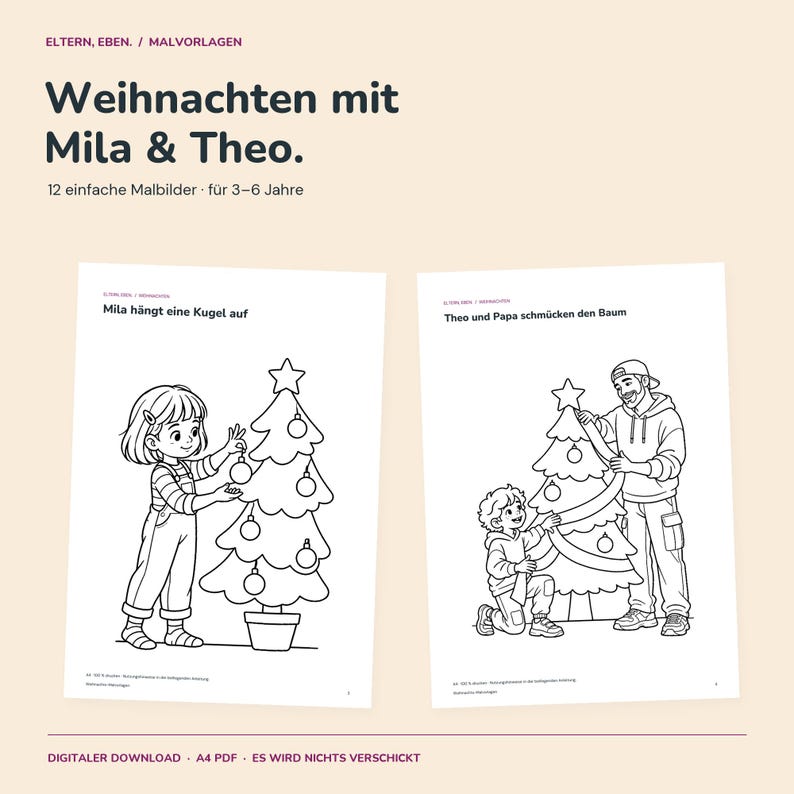 Disegni di Natale da colorare per bambini | 12 pagine da colorare con Mila e Theo | Biscotti, albero, neve e regali | PDF in formato A4 immagine 1