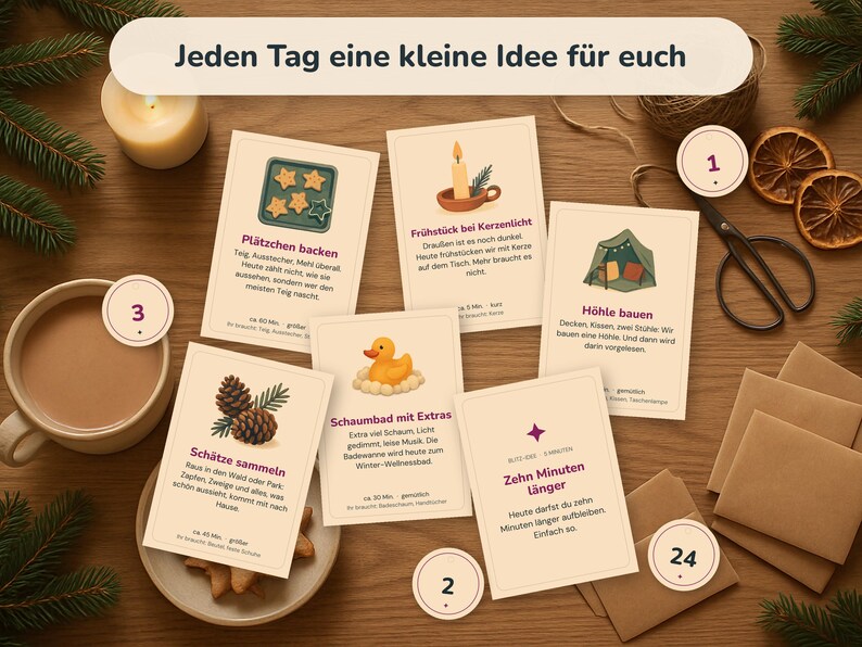 May include: A set of rectangular activity cards with cream-colored backgrounds and German text, featuring illustrations of holiday-themed tasks like baking cookies, building a fort, and collecting pinecones, arranged with craft supplies and a mug.