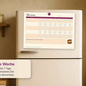 Puede incluir: Una tabla de tareas semanal rectangular titulada Meine Woche con un encabezado morado, siete columnas para los d&iacute;as, cinco filas para tareas, iconos de estrellas circulares, un gr&aacute;fico de cofre del tesoro y una l&iacute;nea.