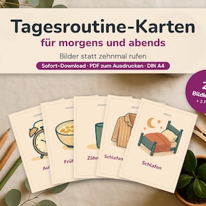 May include: A set of daily routine cards featuring illustrations of morning and evening tasks. The cards display icons for waking up, eating breakfast, brushing teeth, and sleeping. The text reads Tagesroutine-Karten f&uuml;r morgens und abends.