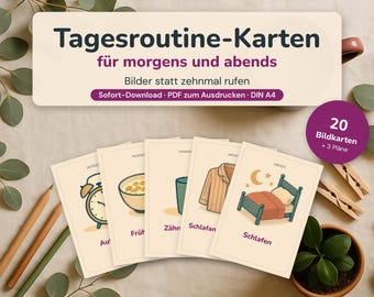 Printable Routine Cards for Children | Daily Routine Cards for Morning and Evening | 20 Picture Cards + Routine Plan | Montessori PDF Download