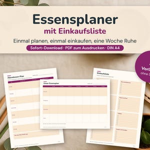 May include: A meal planner with a shopping list, featuring five undated templates in DIN A4 format. The text reads Essensplaner mit Einkaufsliste, Einmal planen, einmal einkaufen, eine Woche Ruhe, Sofort-Download, PDF zum Ausdrucken, DIN A4, 5 Vorlagen ohne Datum, Abendessen-Plan, Unser Essenplan, and Einkaufsliste.