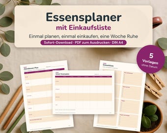 Printable meal planner with shopping list | Weekly meal plan for families (PDF) | Meal planner in German | 5 templates | DIN A4 download