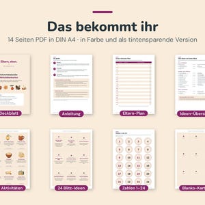 May include: A 14-page PDF digital download in A4 size featuring advent calendar activity cards. The set includes a cover page, instructions, a parent planner, an idea overview, 24 activity cards, 24 quick ideas, numbered circles 1-24, and blank cards.