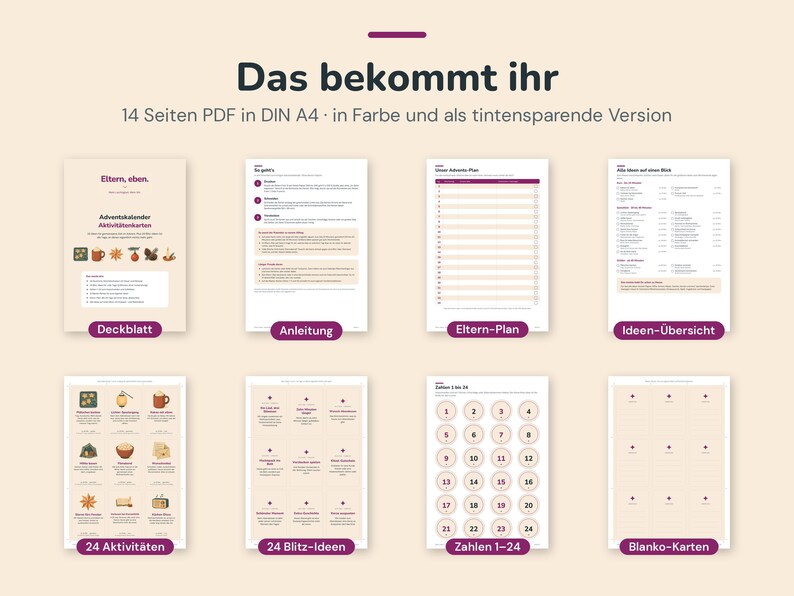 May include: A 14-page PDF digital download in A4 size featuring advent calendar activity cards. The set includes a cover page, instructions, a parent planner, an idea overview, 24 activity cards, 24 quick ideas, numbered circles 1-24, and blank cards.