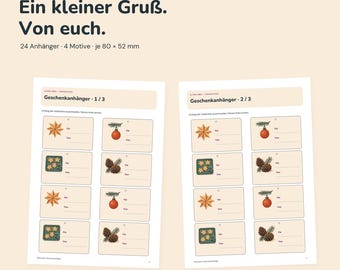 Könnte beinhalten: Ein digitaler Download von 24 Geschenkanhängern auf zwei A4-PDF-Seiten. Jeder Anhänger misst 80 x 52 mm und zeigt eines von vier Motiven: goldener Stern, rote Kugel, Tannenzapfen oder grüne Plätzchen. Der Text lautet: Ein kleiner Gruß. Von euch.
