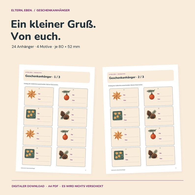 Geschenkanhänger Weihnachten zum Ausdrucken | 24 Anhänger mit 4 Motiven | Stern, Kugel, Plätzchen und Zapfen | A4 PDF Bild 1