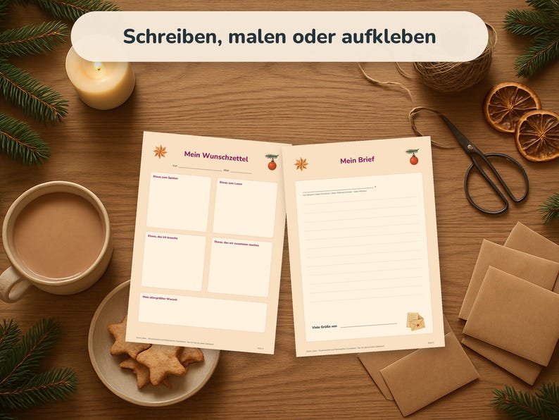 May include: Two cream-colored paper sheets with Christmas-themed illustrations and headers. The left sheet is titled Mein Wunschzettel with sections for lists, and the right sheet is titled Mein Brief with lined space for writing. The text reads Schreiben, malen oder aufkleben.
