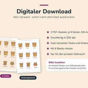 May include: A digital download featuring two PDF files of printable cards, each containing nine bear illustrations with various facial expressions and German text labels. The set includes color and ink-saving versions, plus six blank cards.