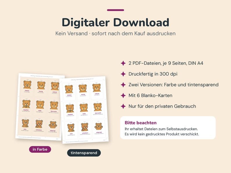 May include: A digital download featuring two PDF files of printable cards, each containing nine bear illustrations with various facial expressions and German text labels. The set includes color and ink-saving versions, plus six blank cards.