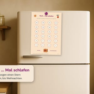May include: A cream-colored countdown chart with the text "Noch ... Mal schlafen" featuring twenty-four numbered star outlines arranged in a grid, a small gift box illustration at the bottom, and decorative icons of a sun and a red ornament.