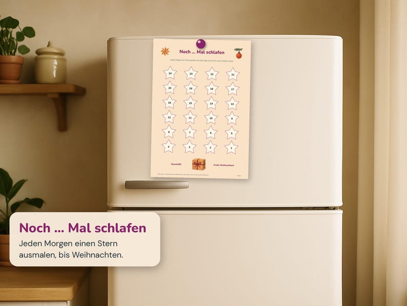 May include: A cream-colored countdown chart with the text "Noch ... Mal schlafen" featuring twenty-four numbered star outlines arranged in a grid, a small gift box illustration at the bottom, and decorative icons of a sun and a red ornament.
