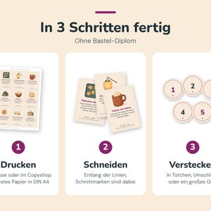 May include: A three-step instructional graphic titled In 3 Schritten fertig. Step 1 shows a printable sheet of icons. Step 2 displays cut-out cards with illustrations and German text. Step 3 features five circular tokens numbered 1 through 5.
