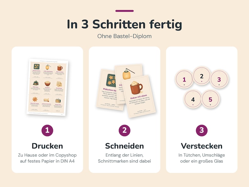 May include: A three-step instructional graphic titled In 3 Schritten fertig. Step 1 shows a printable sheet of icons. Step 2 displays cut-out cards with illustrations and German text. Step 3 features five circular tokens numbered 1 through 5.