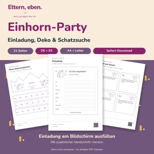 Può includere: Un set digitale stampabile per una festa a tema unicorno con 21 pagine di inviti, decorazioni e una caccia al tesoro. I documenti includono testi in tedesco come Einhorn-Party, Einladung e Deine Geburtstagskrone in un layout bianco e nero.