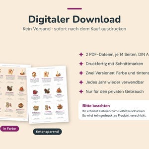 May include: A digital download featuring two PDF files with 14 pages each in DIN A4 format. The document includes printable sheets with grid-based illustrations of seasonal items in both full-color and ink-saving versions with crop marks.