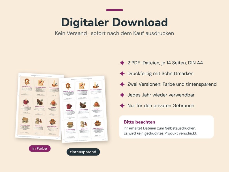 May include: A digital download featuring two PDF files with 14 pages each in DIN A4 format. The document includes printable sheets with grid-based illustrations of seasonal items in both full-color and ink-saving versions with crop marks.