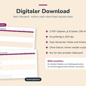 May include: A digital download meal planner template featuring two versions, one in colour and one ink-saving, with German text including 'Digitaler Download', 'Unser Essenplan', and 'tintensparend'. The layout includes a weekly grid for meal planning.