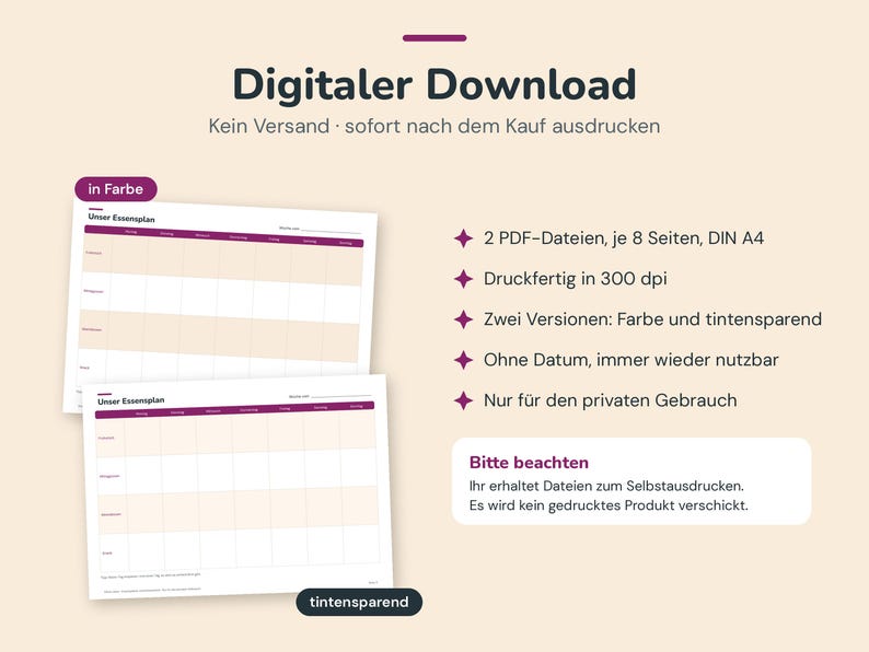 May include: A digital download meal planner template featuring two versions, one in colour and one ink-saving, with German text including 'Digitaler Download', 'Unser Essenplan', and 'tintensparend'. The layout includes a weekly grid for meal planning.