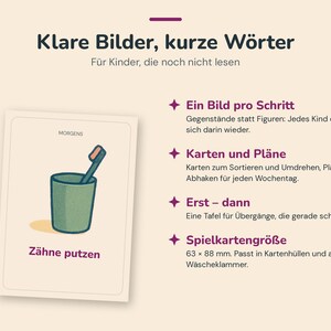 May include: A rectangular card featuring a green cup with a toothbrush inside and the text 'MORGENS' and 'Z&auml;hne putzen'. The card is part of a set with text describing features like 'Ein Bild pro Schritt', 'Karten und Pl&auml;ne', 'Erst &ndash; dann', and 'Spielkartengr&ouml;&szlig;e 63 x 88 mm'.