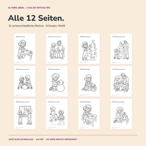 Disegni di Natale da colorare per bambini | 12 pagine da colorare con Mila e Theo | Biscotti, albero, neve e regali | PDF in formato A4 immagine 2